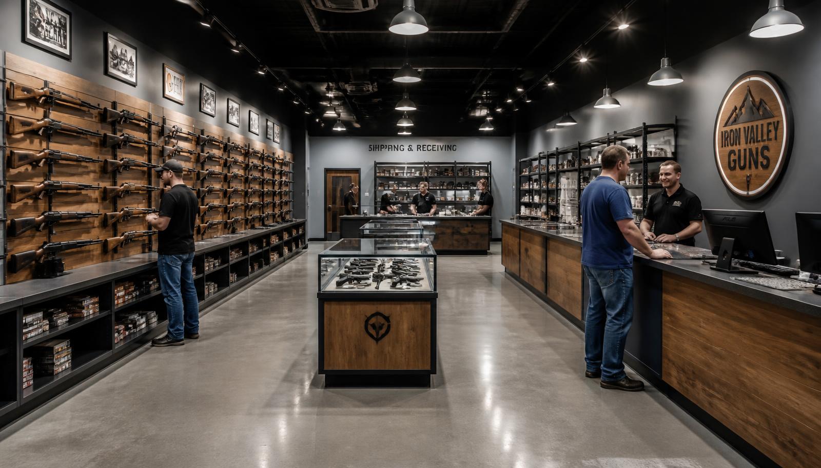 Wide view of a modern gun store showing the sales floor, counter and back-of-house operation
