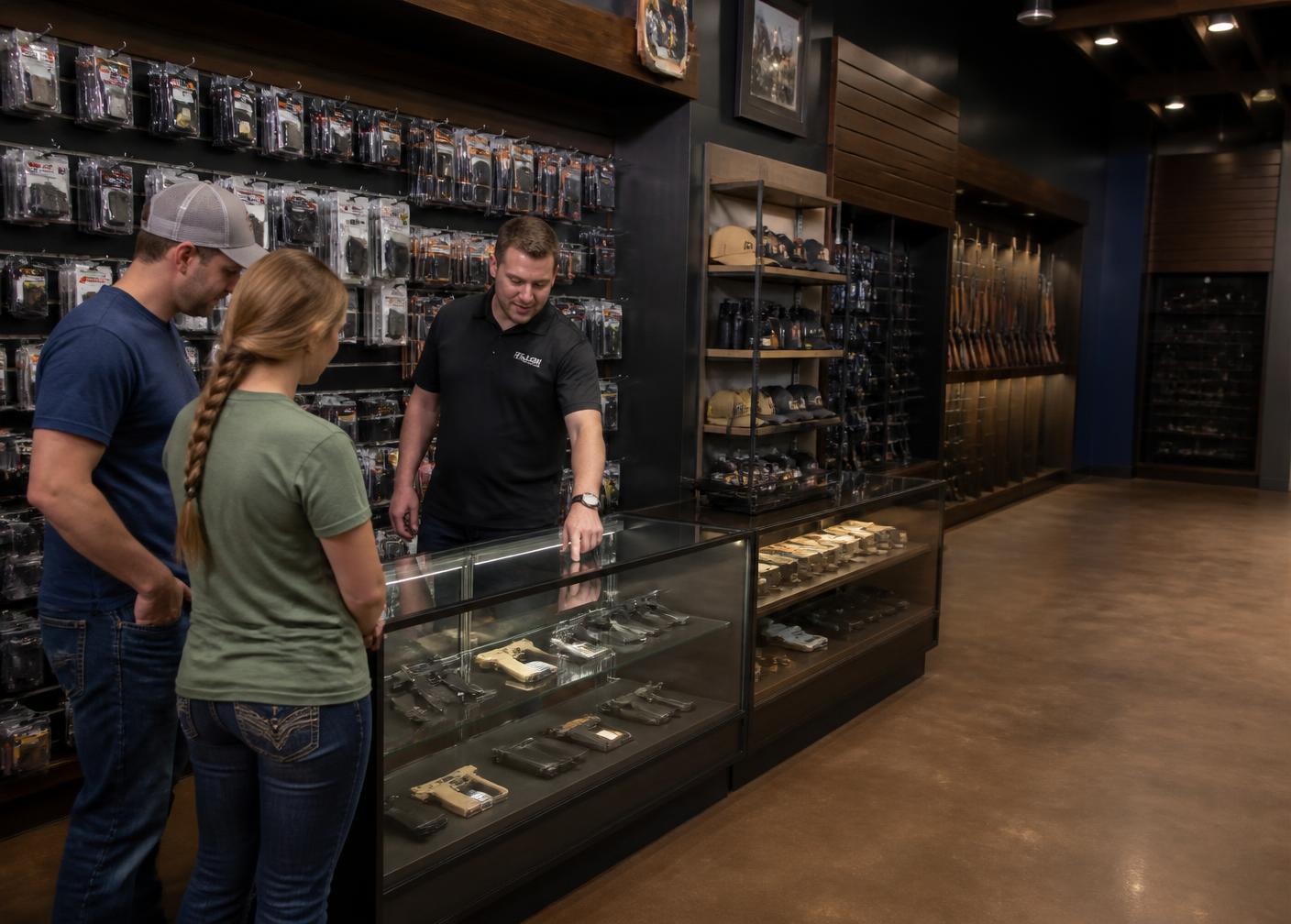 Store employee helping two customers at a display case in a modern gun store